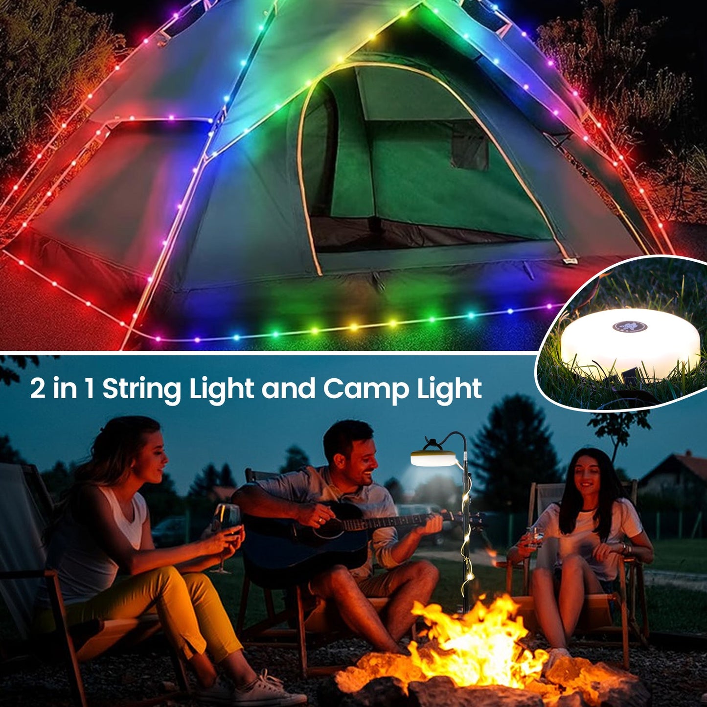 Camping String Lights, 2 in 1 String Lights with 8 Adjustable Modes, LED Camping Lantern Rechargeable