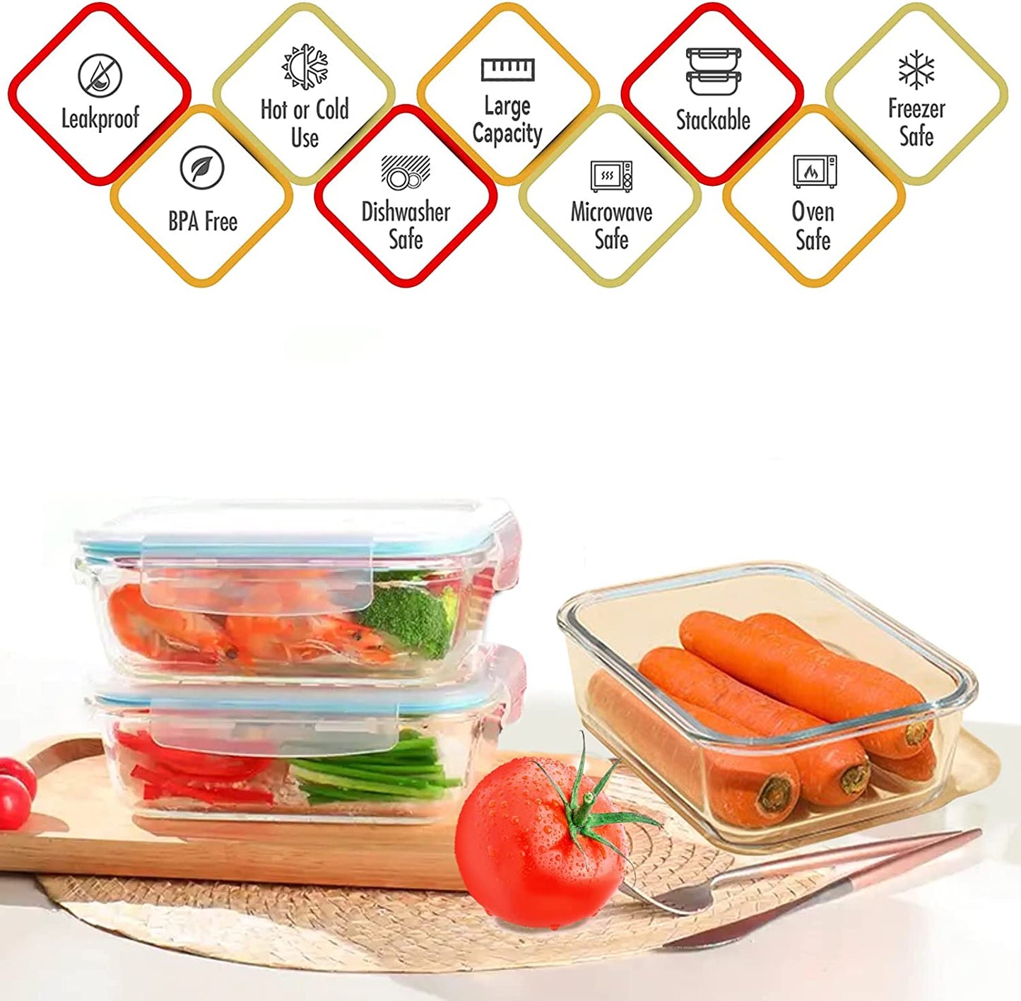 Whiterhino 52oz Large Glass Food Storage Containers with Lids,Glass Meal Prep Containers/Bento Boxes/Lunch Containers,BPA Free & Leak-Proof for Microwave,Oven,Freezer and Dishwasher Safe(2Pcs)