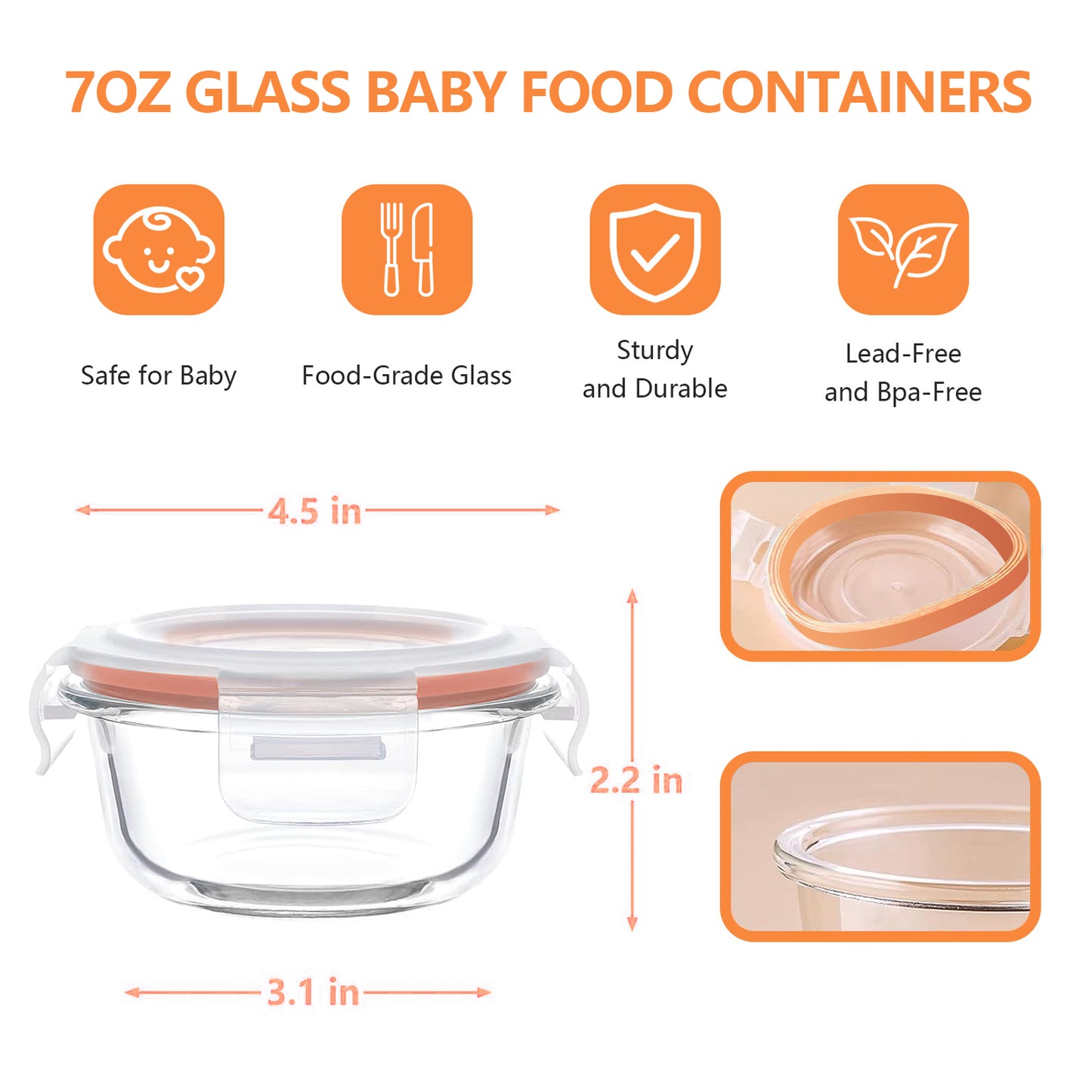 Whiterhino 7oz Glass Baby Food Containers, 12 Pack Baby Food Jars with Lids Leakproof, Stackable Baby Food Storage Containers Freezer Safe, Baby Bullet Containers for Fruit Purees and Vegetable Mashes