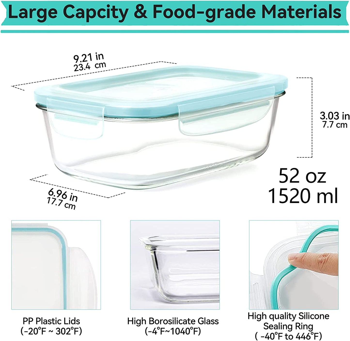 Whiterhino 52oz Large Glass Food Storage Containers with Lids,Glass Meal Prep Containers/Bento Boxes/Lunch Containers,BPA Free & Leak-Proof for Microwave,Oven,Freezer and Dishwasher Safe(2Pcs)