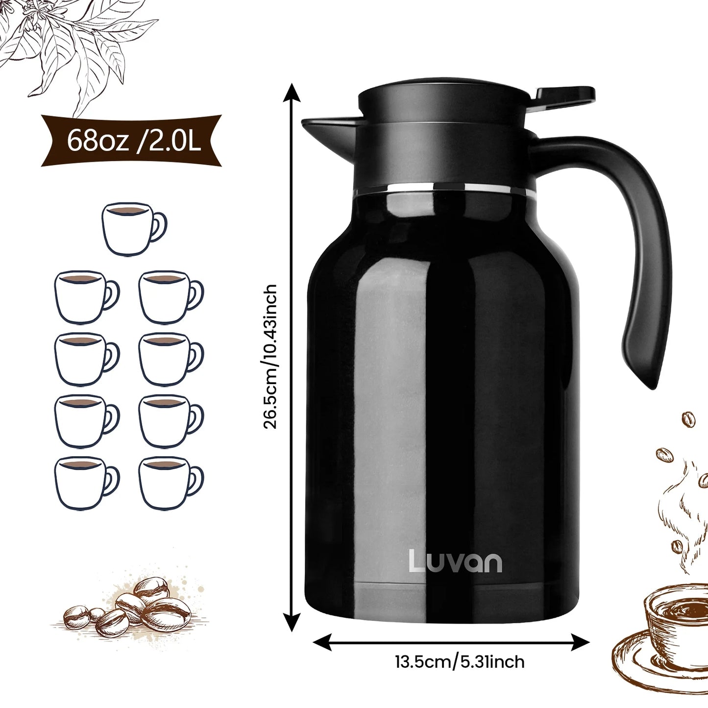 WhiteRhino 68oz Thermal Coffee Carafe,Black Coffee Carafes for Keeping Hot,Thermos Beverage