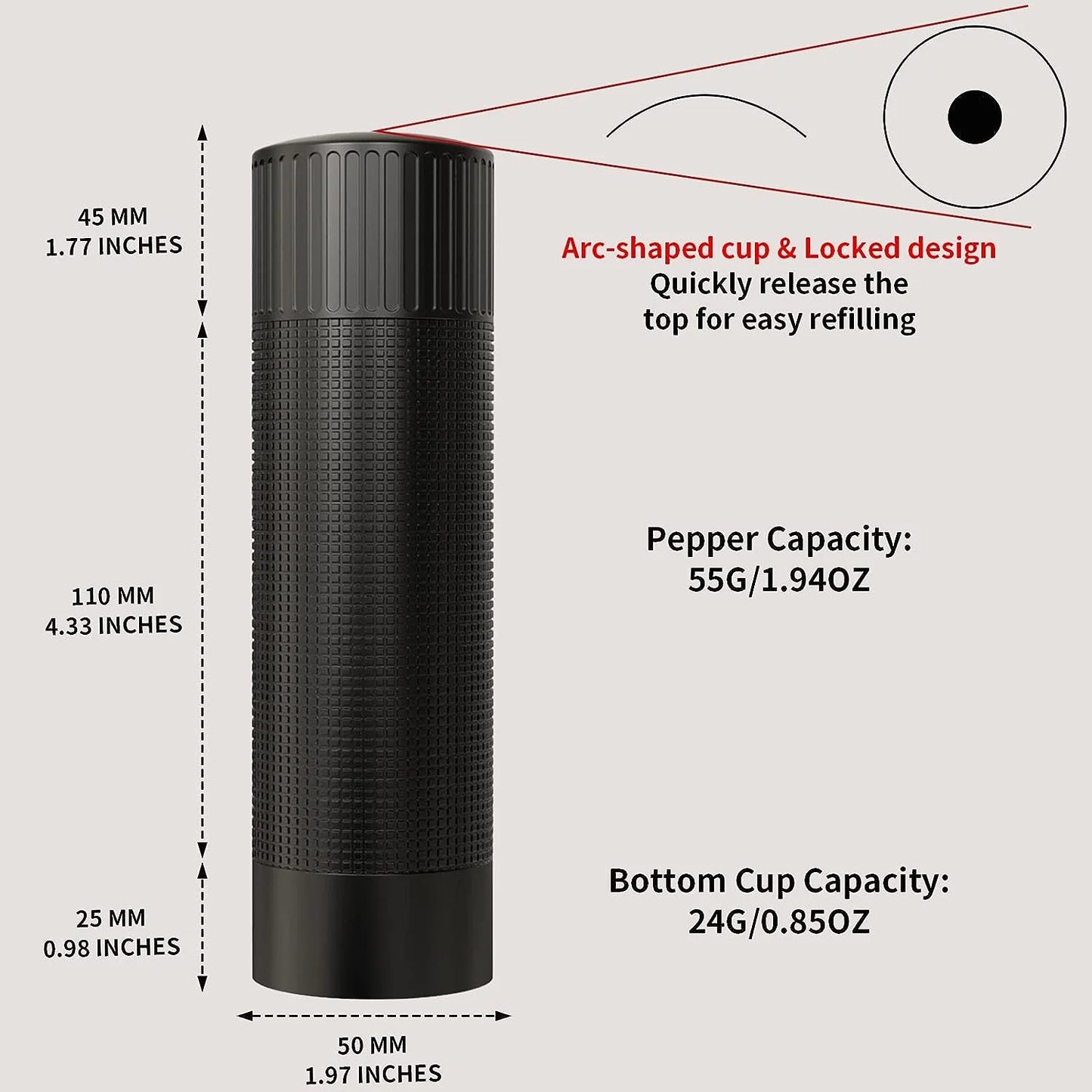 WhiteRhino Professional Pepper Grinder Mill, High Output with Stainless Steel Burrs and Adjustable Coarseness