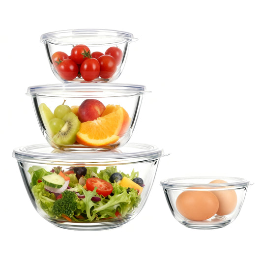 WhiteRhino 4 Packs Glass Mixing Bowls with Lids Set,0.53/0.84/1.69/2.9QT Glass Bowl for Serving,Prep,Baking,Cooking