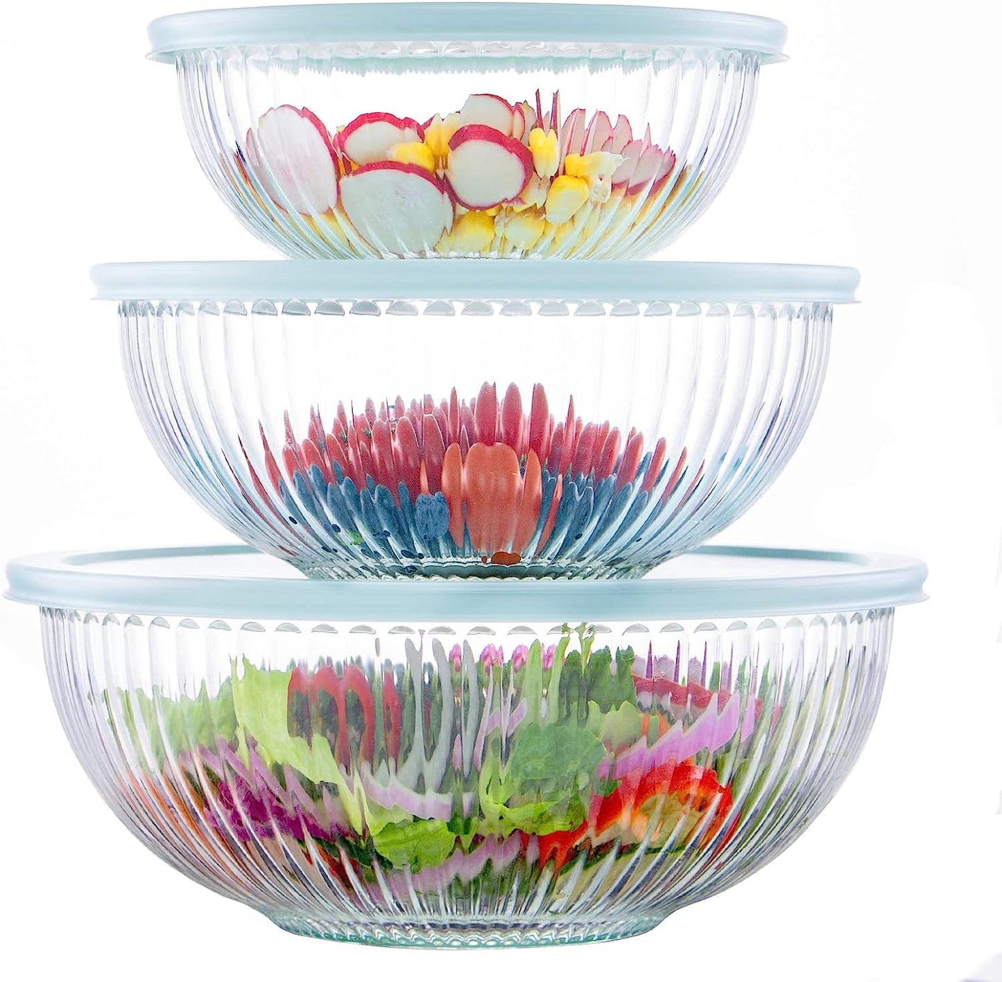 Glass Mixing Bowls with Lids Set of 3(3.7QT, 2.1QT, 1.1QT),Large Kitchen Salad Bowls, Space-Saving Nesting Bowls, Clear Glass Serving Bowls for Cooking,Baking,Prepping,Dishwasher Safe