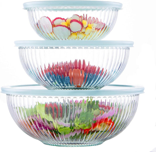 Glass Mixing Bowls with Lids Set of 3(3.7QT, 2.1QT, 1.1QT),Large Kitchen Salad Bowls, Space-Saving Nesting Bowls, Clear Glass Serving Bowls for Cooking,Baking,Prepping,Dishwasher Safe