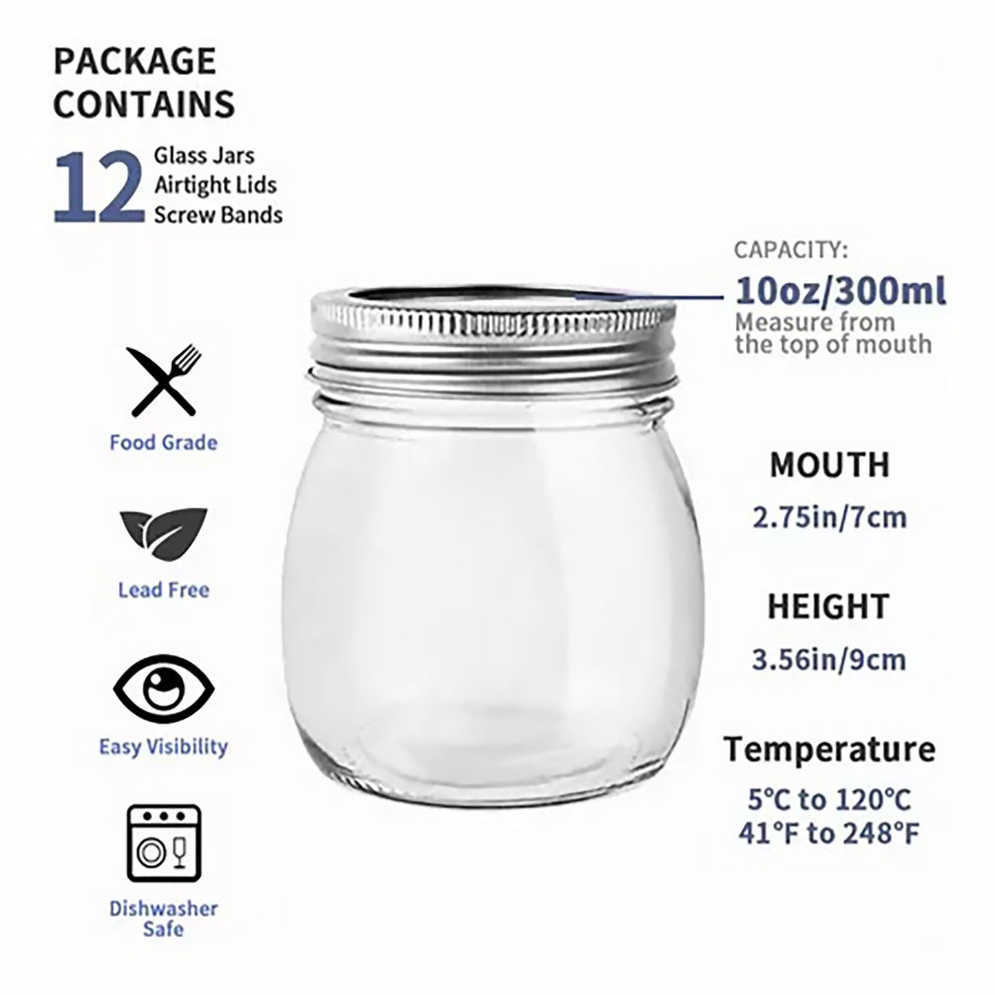 WhiteRhino Regular Mouth 10oz Mason Jars with Lids and Bands, 12 Pack Clear Glass Mason Jars