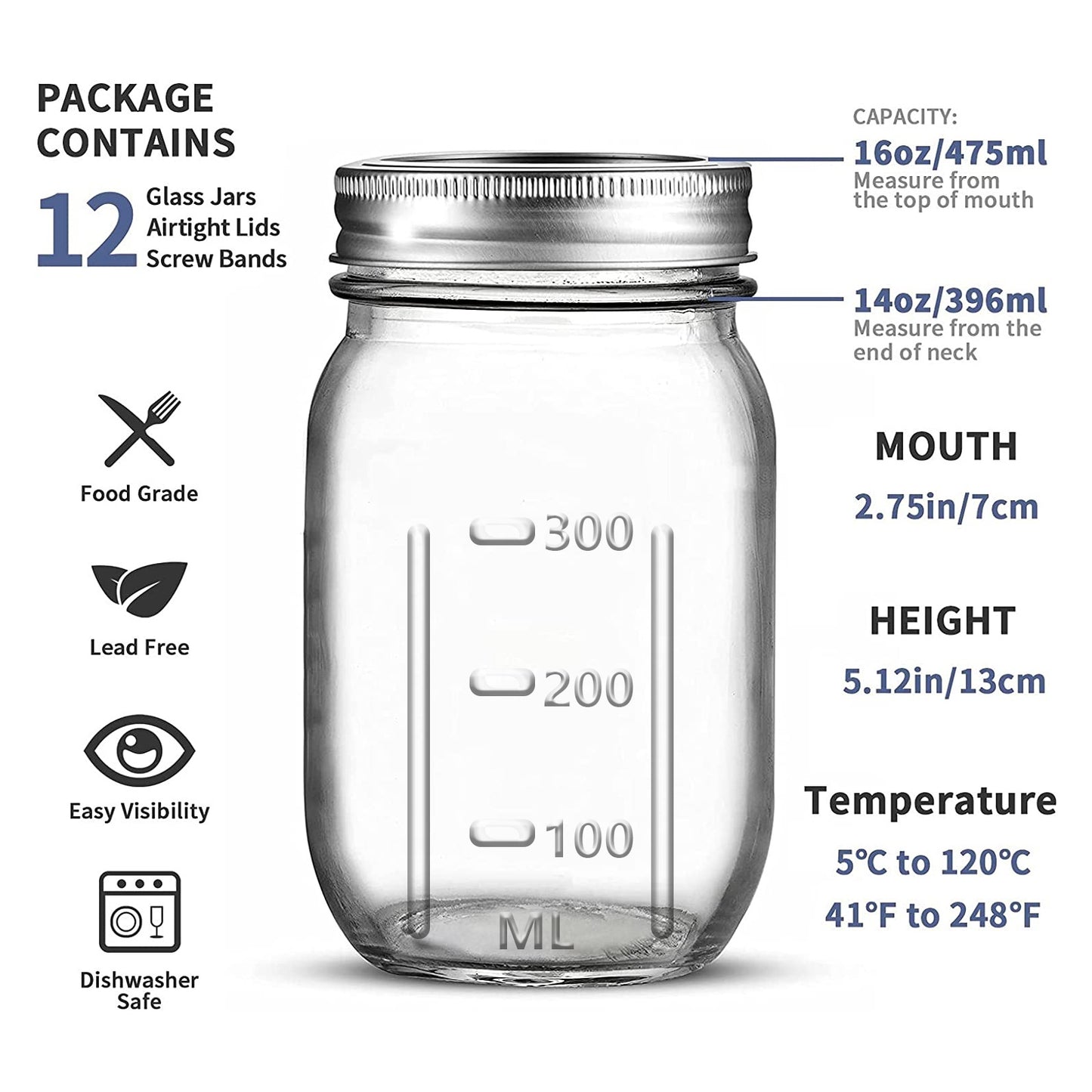 WhiteRhino 16oz Mason Jars with Lids and Bands, 12 Count Regular Mouth Glass Mason Jars