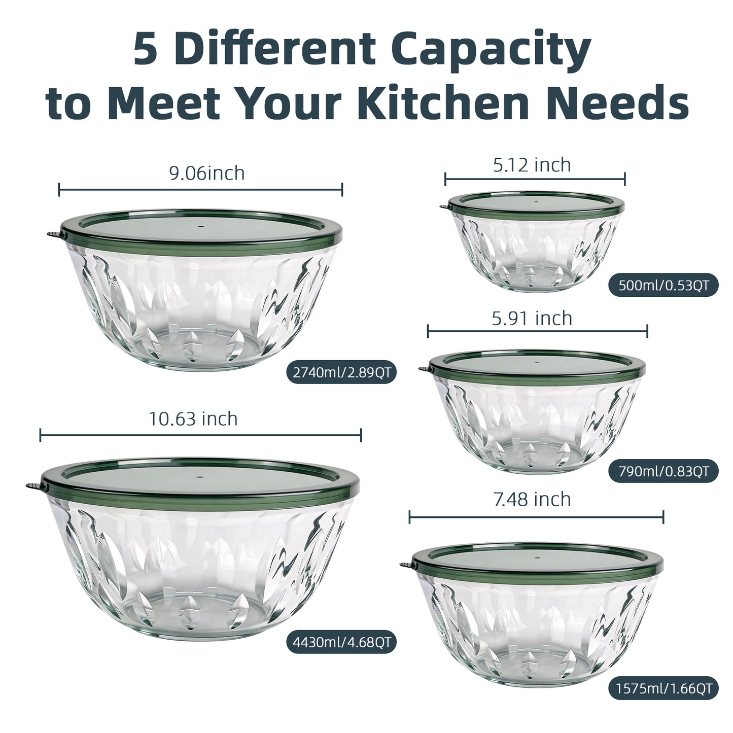 5 packs Glass Mixing Bowls with Lids,Glass Baking Bowl for Kitchen Oven Salad Serving