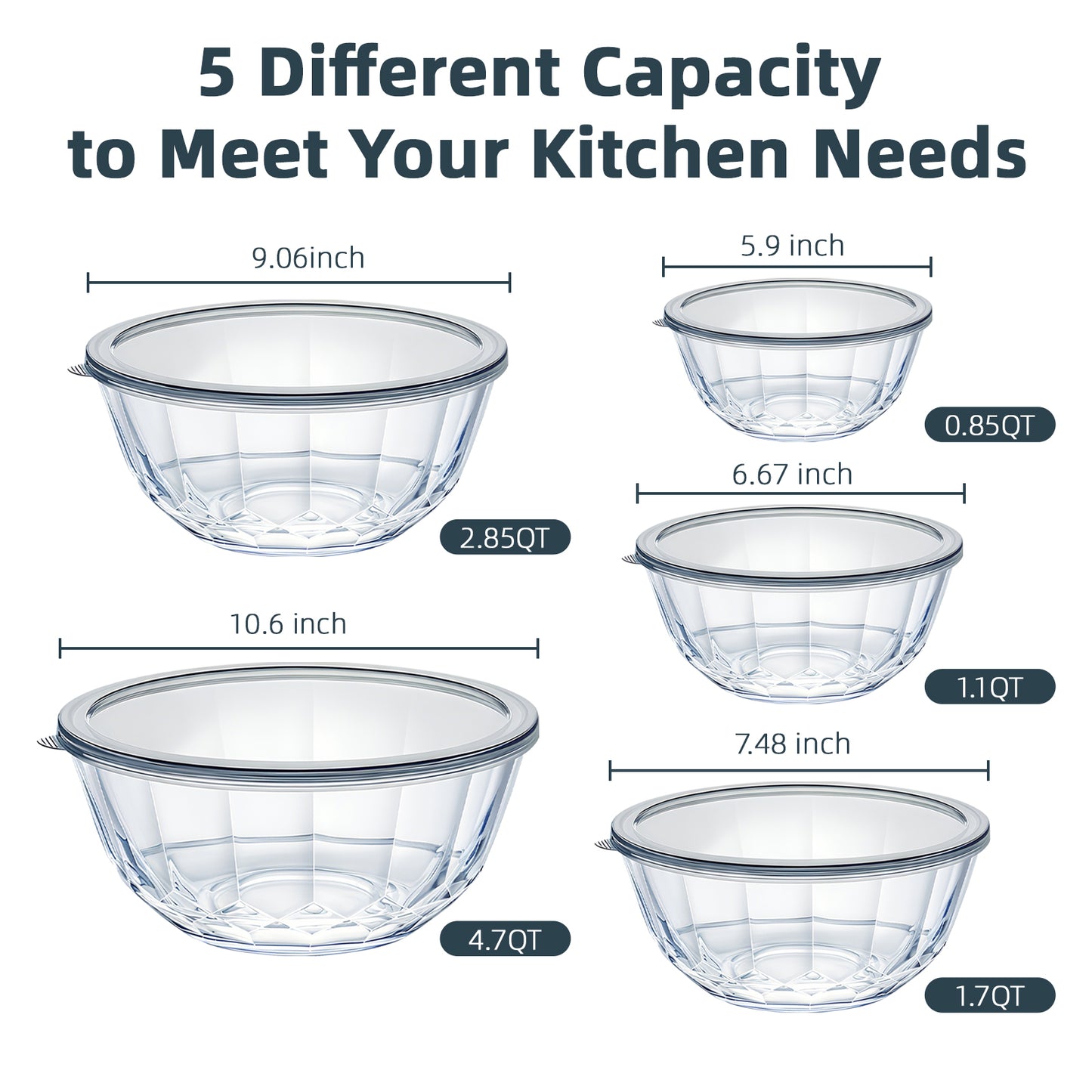 5 packs Glass Mixing Bowls with Lids,Glass Baking Bowl for Kitchen Oven Salad Serving