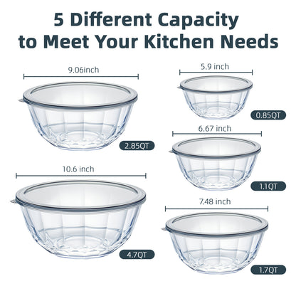 5 packs Glass Mixing Bowls with Lids,Glass Baking Bowl for Kitchen Oven Salad Serving