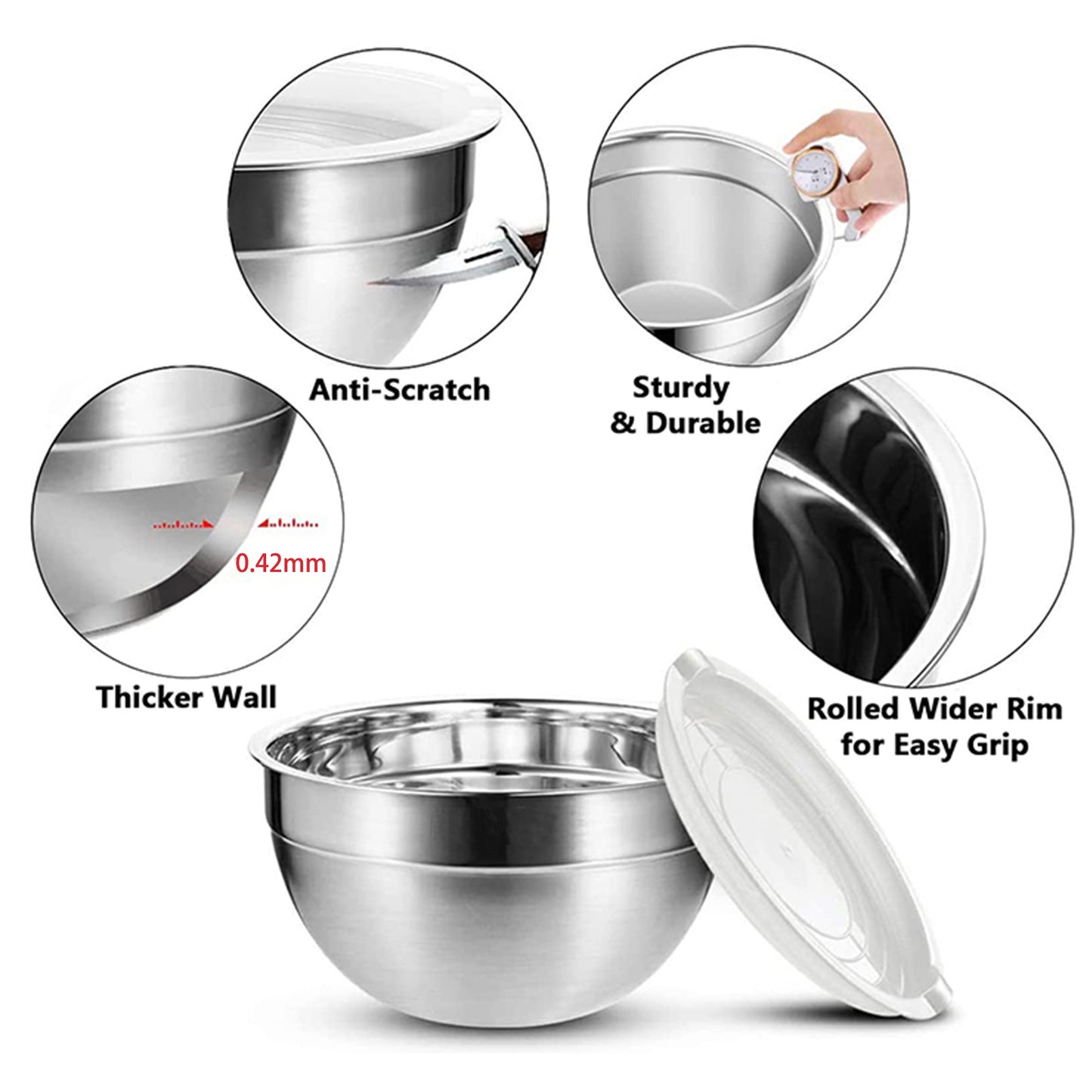 WhiteRhino 6 Pack Stainless Steel Mixing Bowls Set ,Kitchen Metal Bowls with Lids for Baking,Cooking,Meal Prep