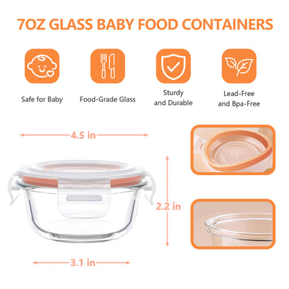 Whiterhino 7oz Glass Baby Food Containers, 12 Pack Baby Food Jars with Lids Leakproof, Stackable Baby Food Storage Containers Freezer Safe, Baby Bullet Containers for Fruit Purees and Vegetable Mashes