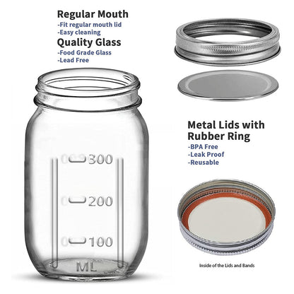 WhiteRhino 16oz Mason Jars with Lids and Bands, 12 Count Regular Mouth Glass Mason Jars