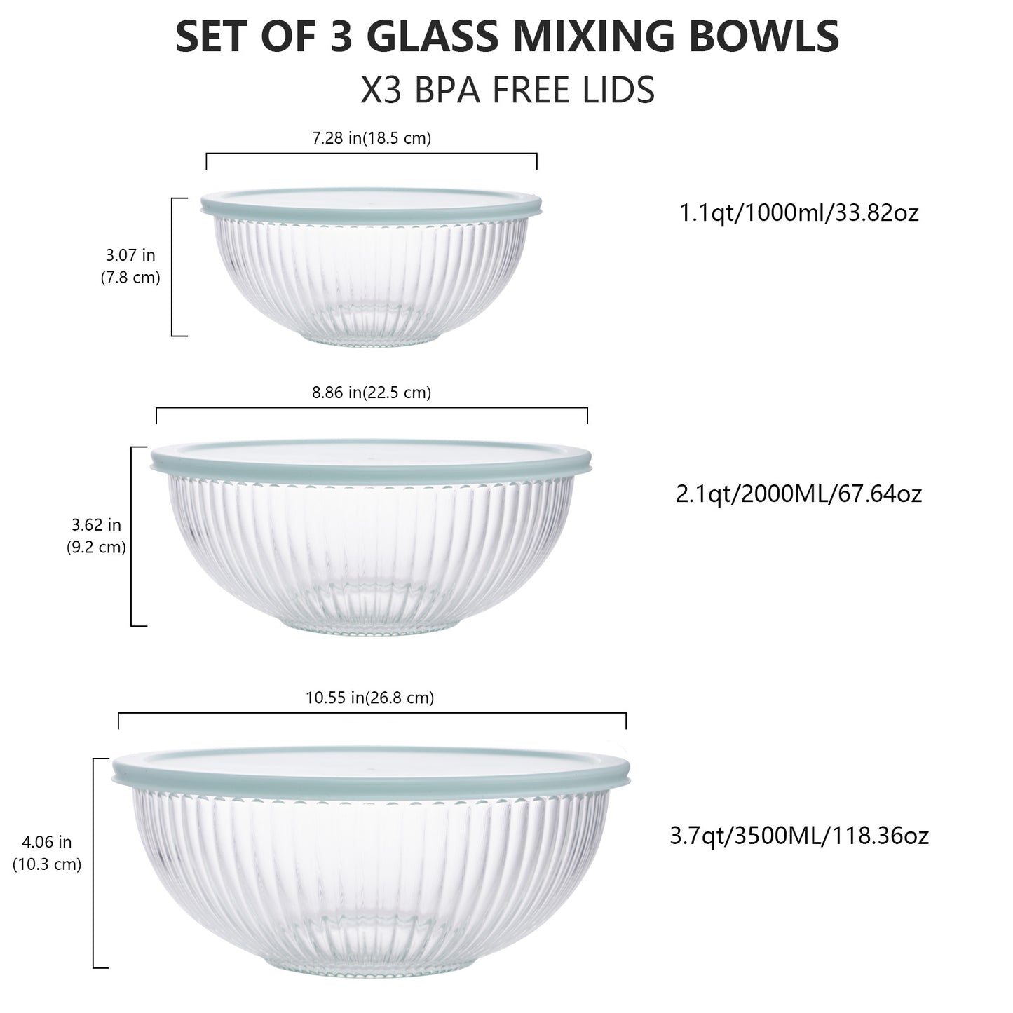 Glass Mixing Bowls with Lids Set of 3(3.7QT, 2.1QT, 1.1QT),Large Kitchen Salad Bowls, Space-Saving Nesting Bowls, Clear Glass Serving Bowls for Cooking,Baking,Prepping,Dishwasher Safe