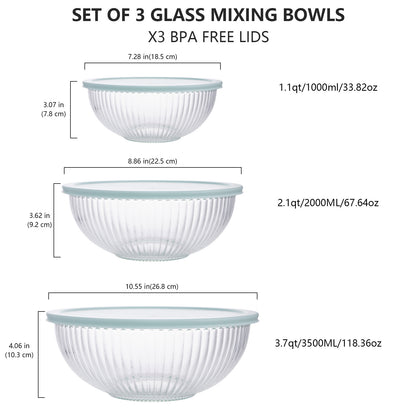 Glass Mixing Bowls with Lids Set of 3(3.7QT, 2.1QT, 1.1QT),Large Kitchen Salad Bowls, Space-Saving Nesting Bowls, Clear Glass Serving Bowls for Cooking,Baking,Prepping,Dishwasher Safe