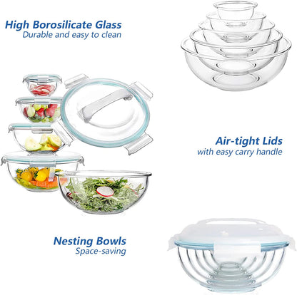 Glass Mixing Bowl with Lids Set of 5(0.2QT, 0.5QT, 1.1QT, 2.1QT, 3.75 QT)