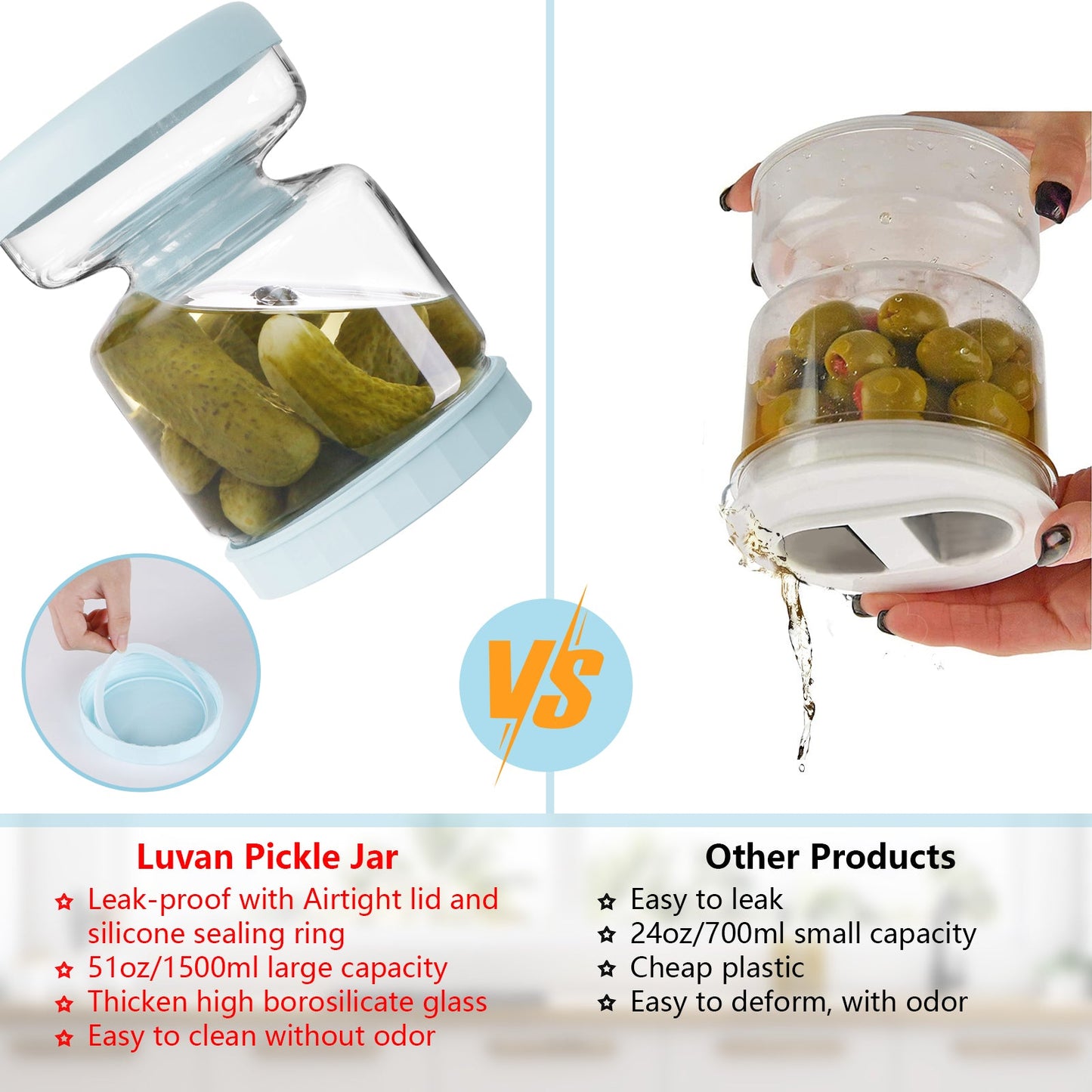 Pickle Jar with Strainer Flip,51oz Glass Pickle Container with Strainer