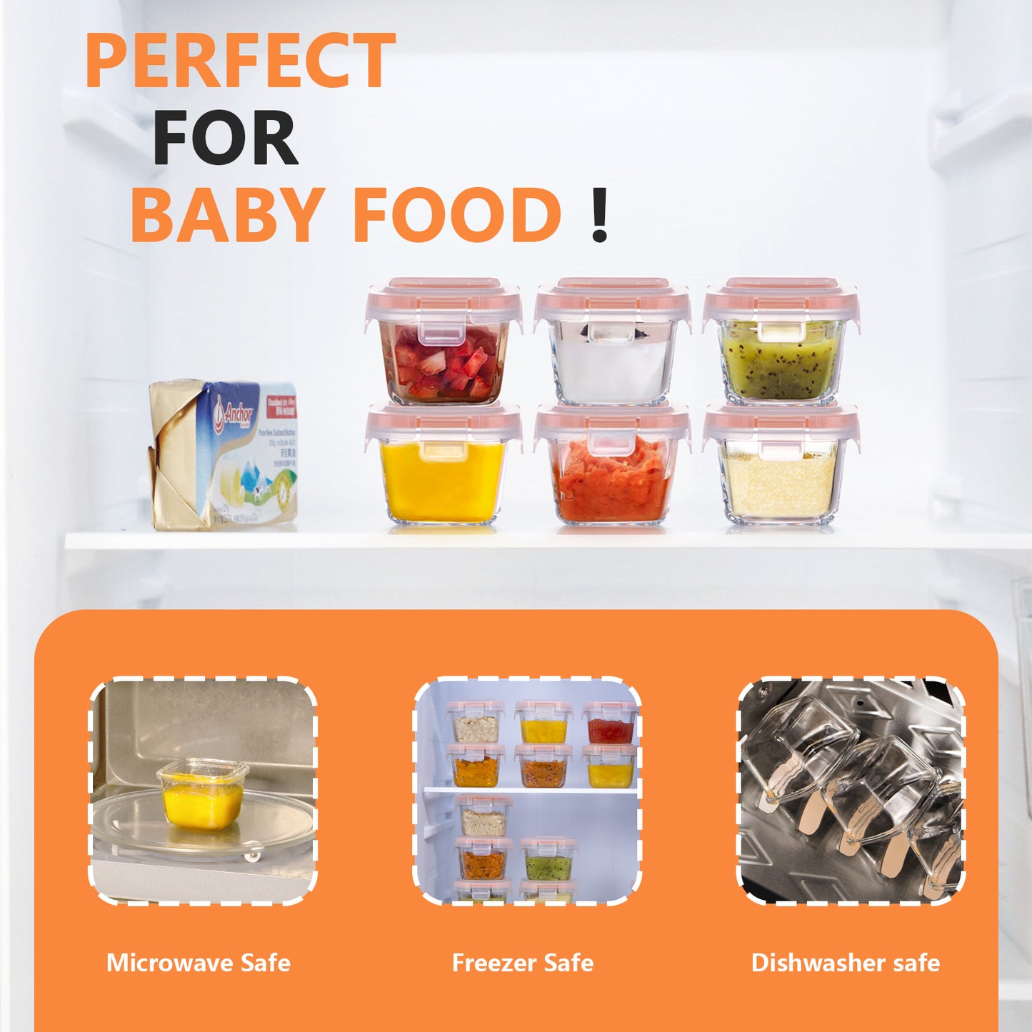 Whiterhino 6oz Baby Food Storage Containers, 12-Pack Baby Food Jars with Lids LeakProof, Baby Food Containers Glass Stackable, Freezer/Microwave/Dishwasher Safe, Ideal for Fruit Purees and Vegetable Mashes