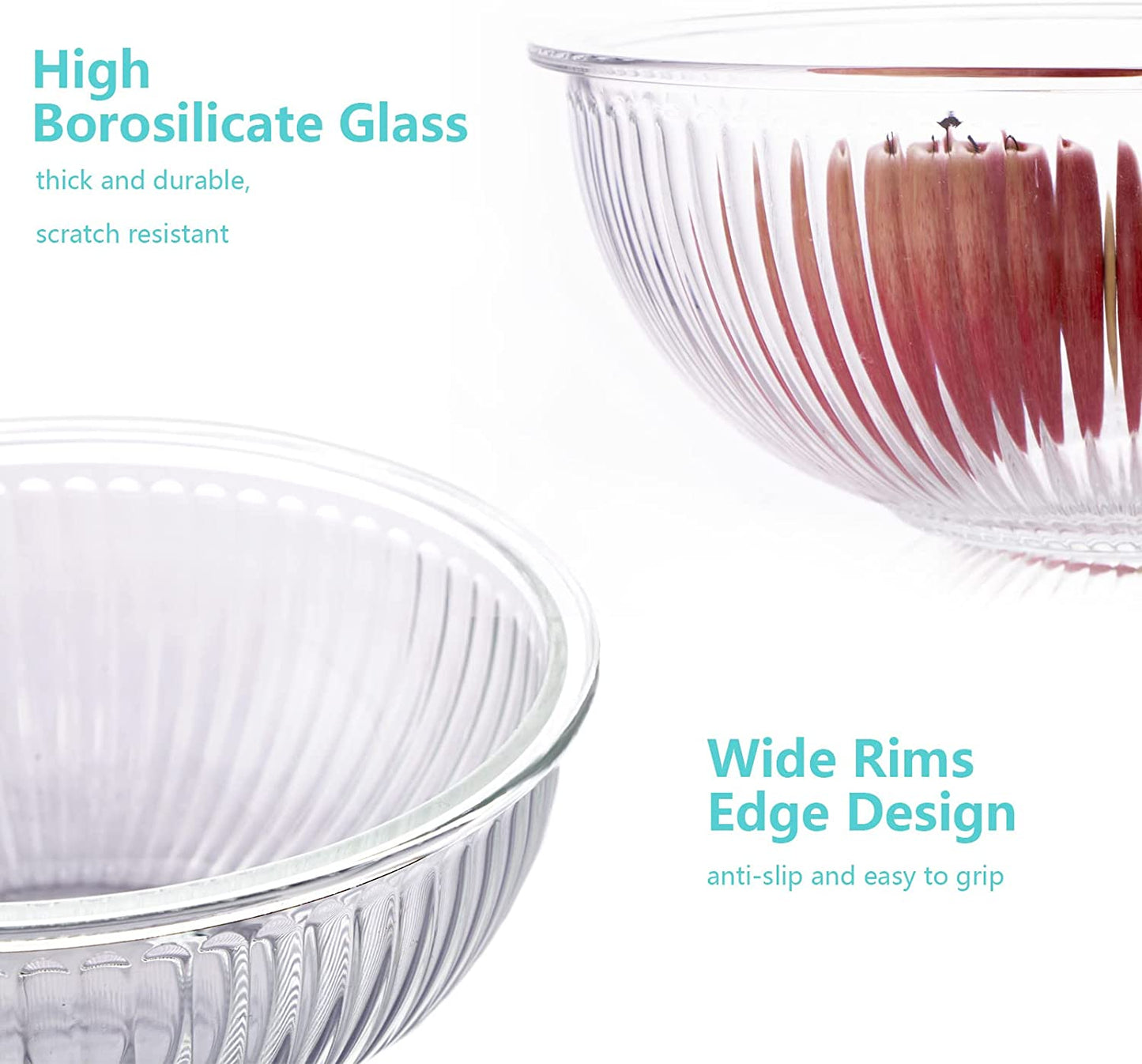 Glass Mixing Bowls with Lids Set of 3(3.7QT, 2.1QT, 1.1QT),Large Kitchen Salad Bowls, Space-Saving Nesting Bowls, Clear Glass Serving Bowls for Cooking,Baking,Prepping,Dishwasher Safe