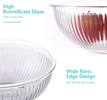 Glass Mixing Bowls with Lids Set of 3(3.7QT, 2.1QT, 1.1QT),Large Kitchen Salad Bowls, Space-Saving Nesting Bowls, Clear Glass Serving Bowls for Cooking,Baking,Prepping,Dishwasher Safe