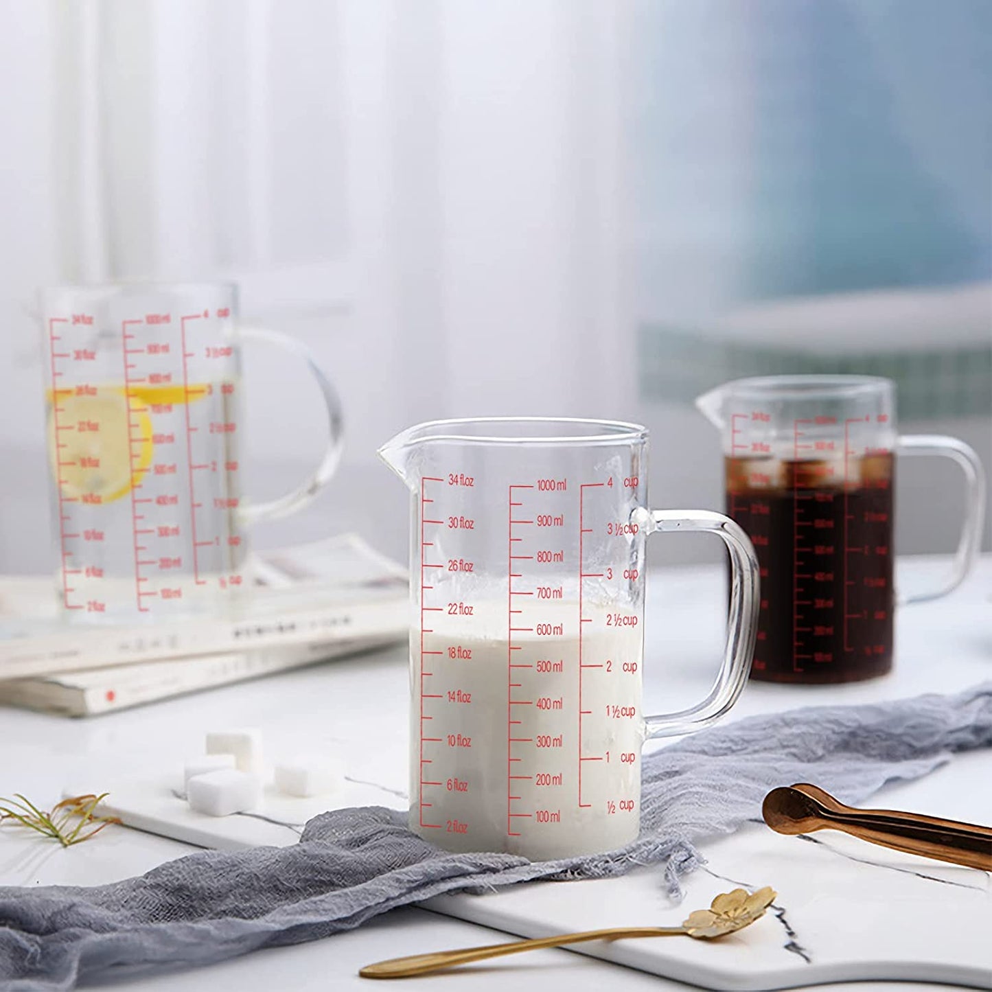 34oz/4 Cups Glass Measuring Cup, Easy to Read with 3 Measurement Scales (Ml/Oz/Cup)