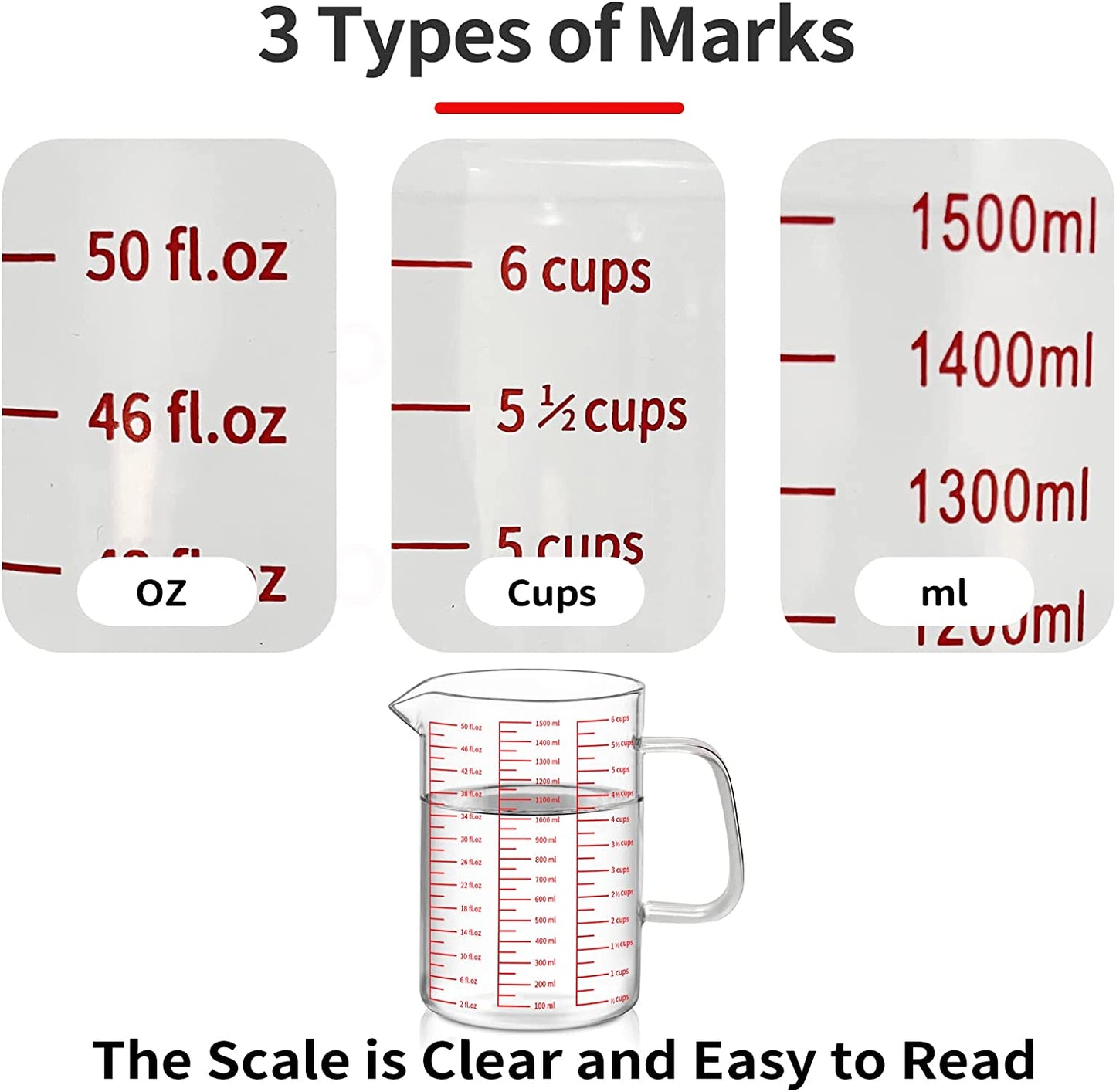 50oz/6 Cups Glass Measuring Cup, Easy to Read with 3 measurement scales (Ml/Oz/Cup)