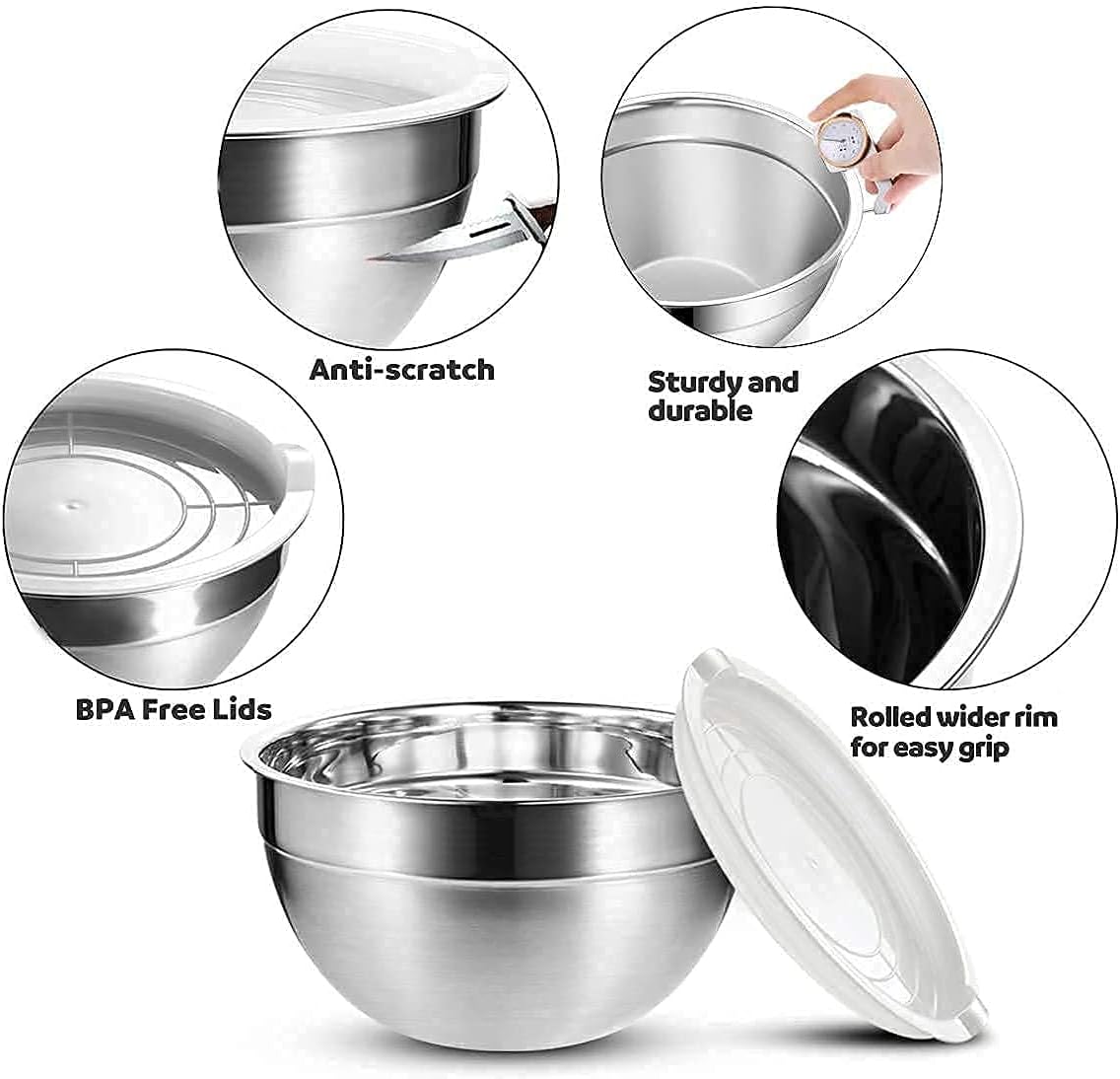 Luvan Set of 5 Stainless Steel Mixing Bowl, for Salad, baking, cooking, prep, mixing.