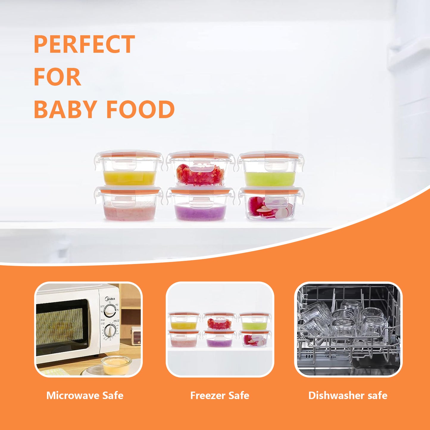 Whiterhino 7oz Glass Baby Food Containers, 12 Pack Baby Food Jars with Lids Leakproof, Stackable Baby Food Storage Containers Freezer Safe, Baby Bullet Containers for Fruit Purees and Vegetable Mashes