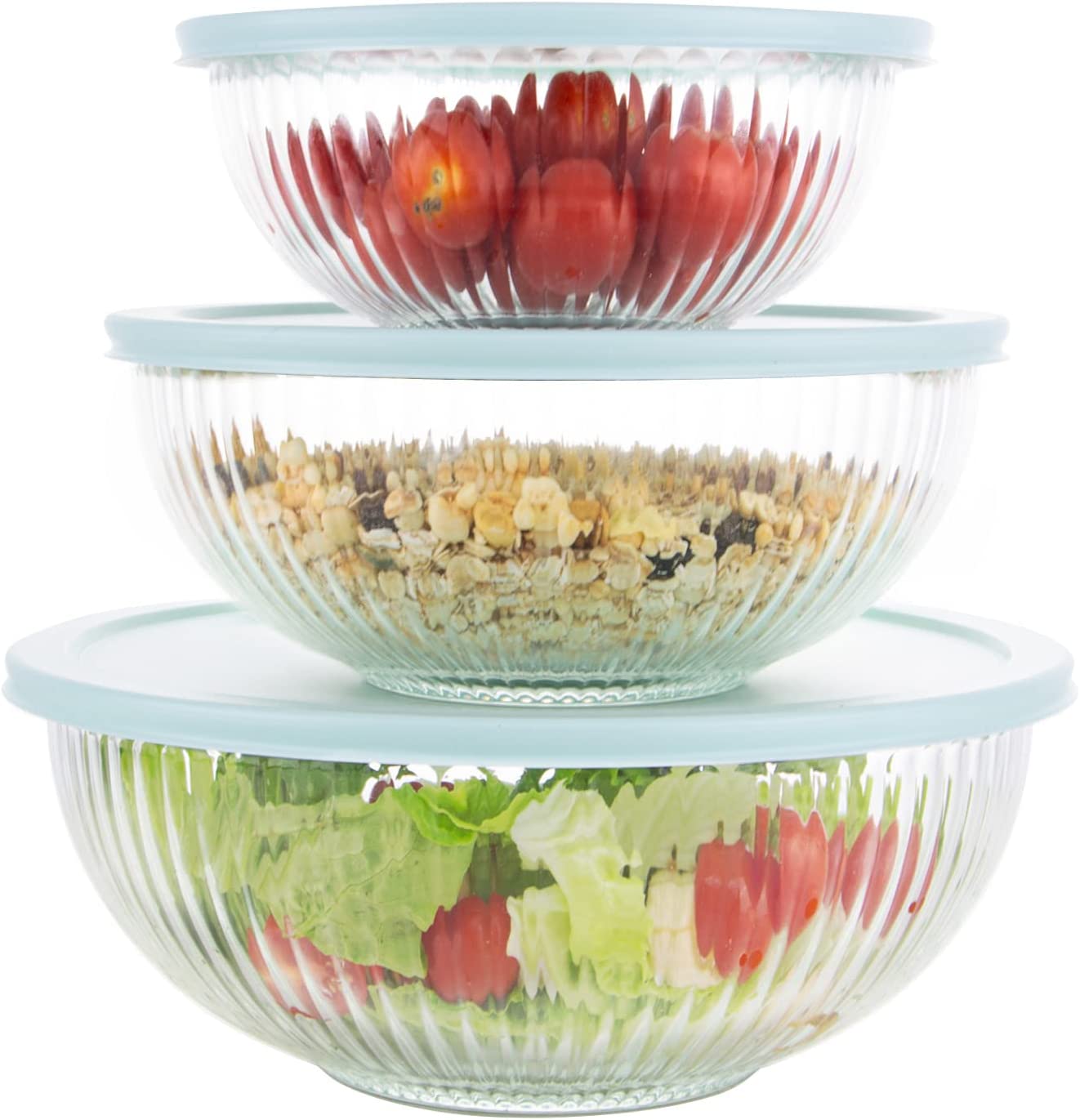 Glass Mixing Bowls with Lids Set of 3(3.7QT, 2.1QT, 1.1QT),Large Kitchen Salad Bowls, Space-Saving Nesting Bowls, Clear Glass Serving Bowls for Cooking,Baking,Prepping,Dishwasher Safe