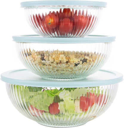 Glass Mixing Bowls with Lids Set of 3(3.7QT, 2.1QT, 1.1QT),Large Kitchen Salad Bowls, Space-Saving Nesting Bowls, Clear Glass Serving Bowls for Cooking,Baking,Prepping,Dishwasher Safe