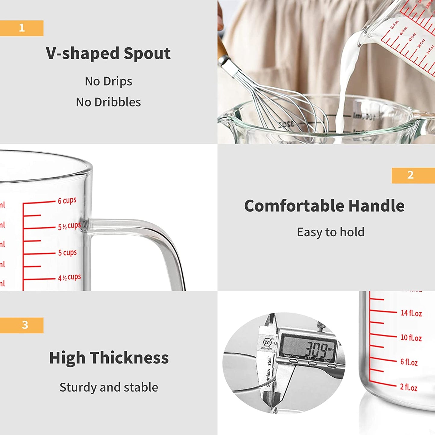 50oz/6 Cups Glass Measuring Cup, Easy to Read with 3 measurement scales (Ml/Oz/Cup)