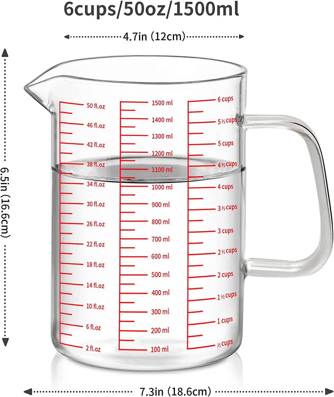 50oz/6 Cups Glass Measuring Cup, Easy to Read with 3 measurement scales (Ml/Oz/Cup)