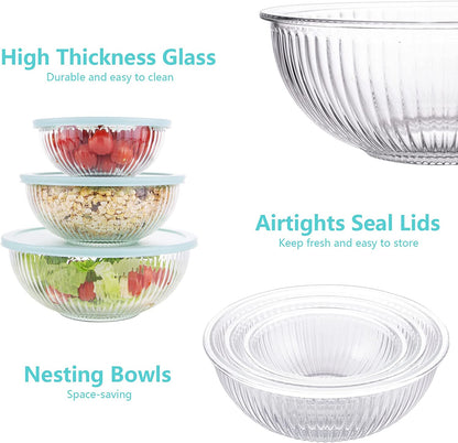 Glass Mixing Bowls with Lids Set of 3(3.7QT, 2.1QT, 1.1QT),Large Kitchen Salad Bowls, Space-Saving Nesting Bowls, Clear Glass Serving Bowls for Cooking,Baking,Prepping,Dishwasher Safe