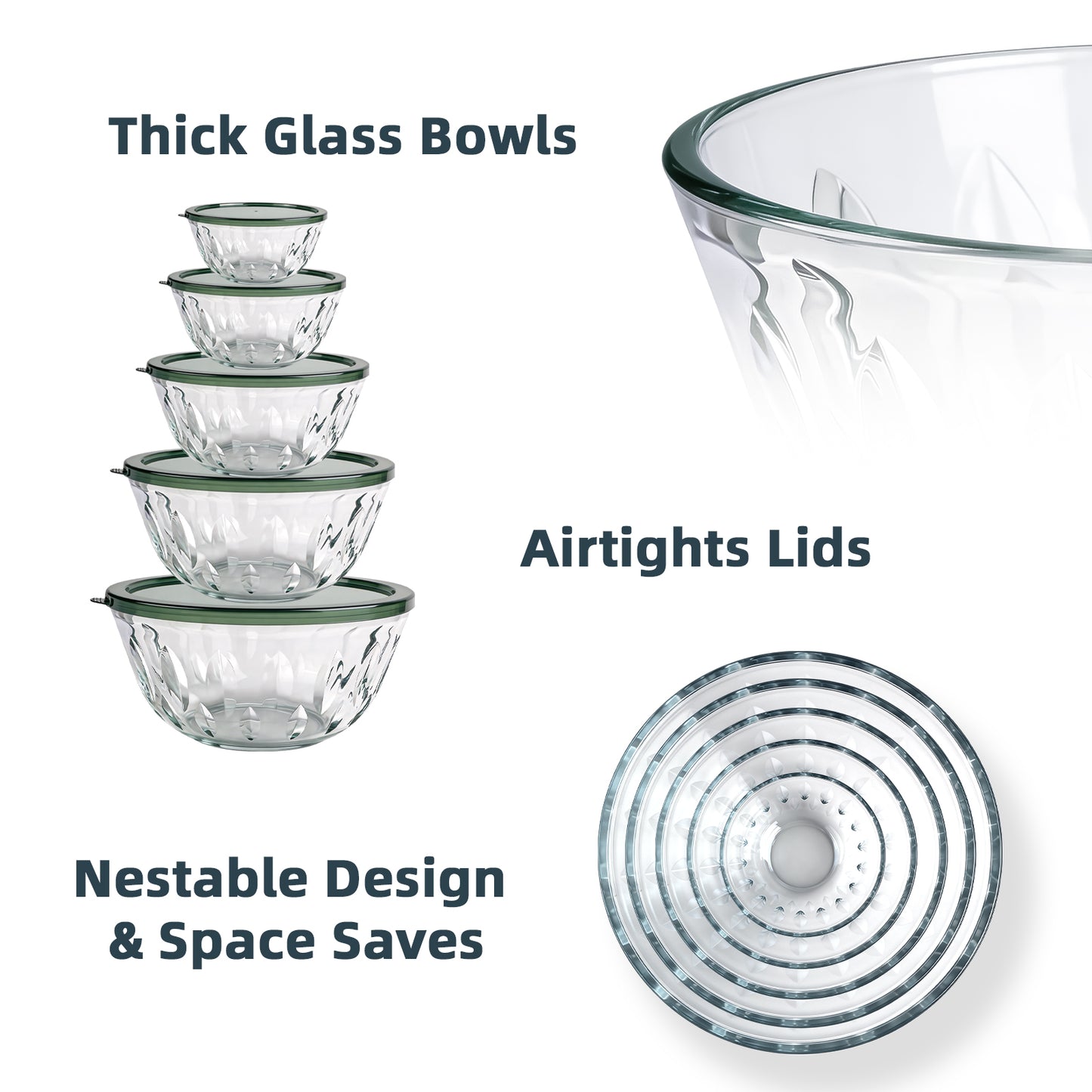 5 packs Glass Mixing Bowls with Lids,Glass Baking Bowl for Kitchen Oven Salad Serving