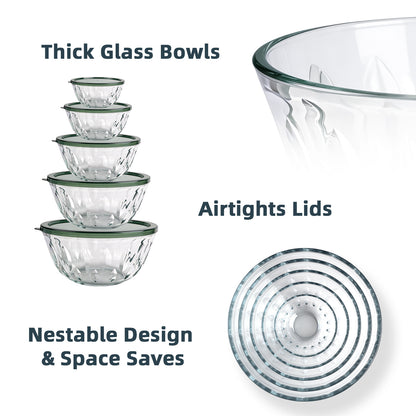 5 packs Glass Mixing Bowls with Lids,Glass Baking Bowl for Kitchen Oven Salad Serving