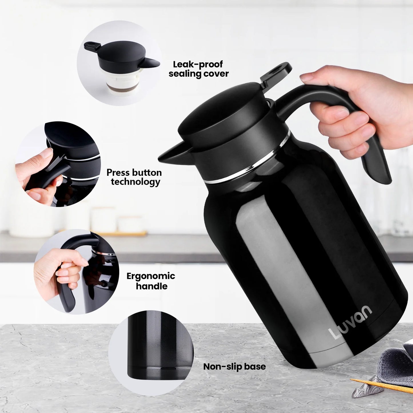 WhiteRhino 68oz Thermal Coffee Carafe,Black Coffee Carafes for Keeping Hot,Thermos Beverage